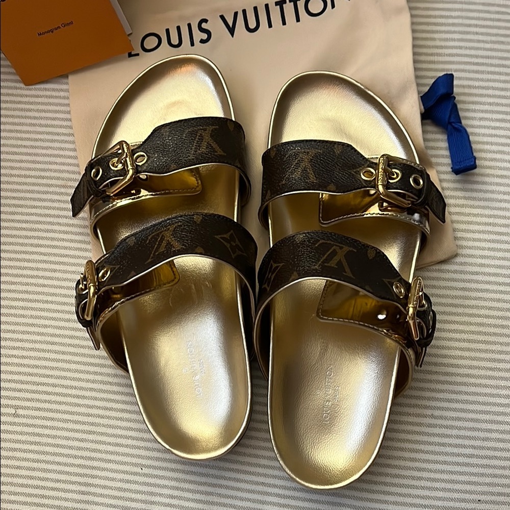 Louis Vuitton Black and Gold Buckle Sandals